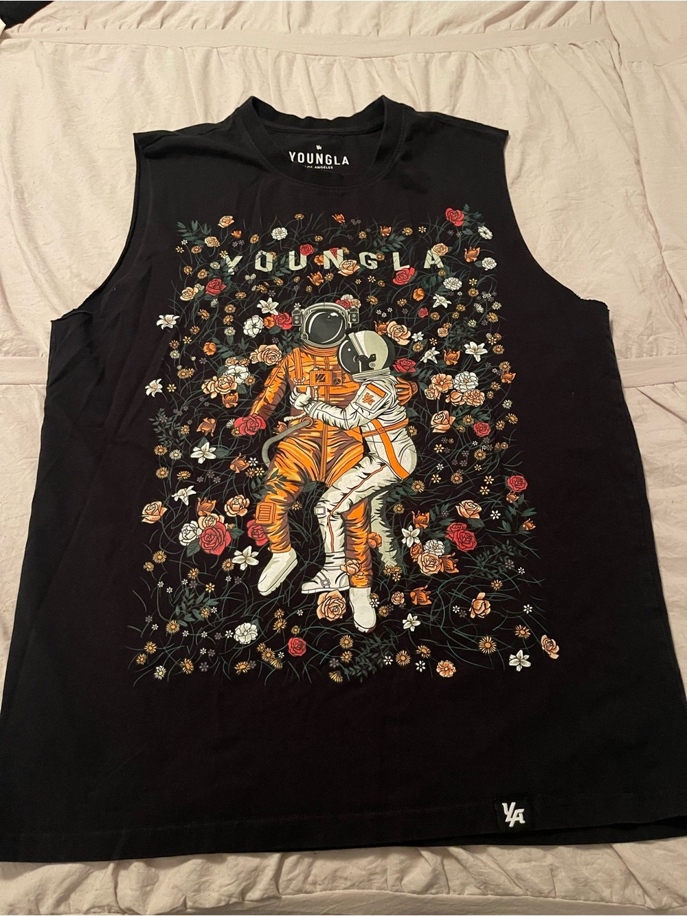 YoungLA Black Tee with Orange and White Astronauts Floral Muscle Tank Size S